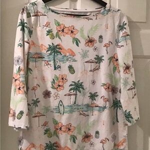 The Talbots Tee Petite LP 3/4 Sleeve Top T-Shirt Tropical Beach Print